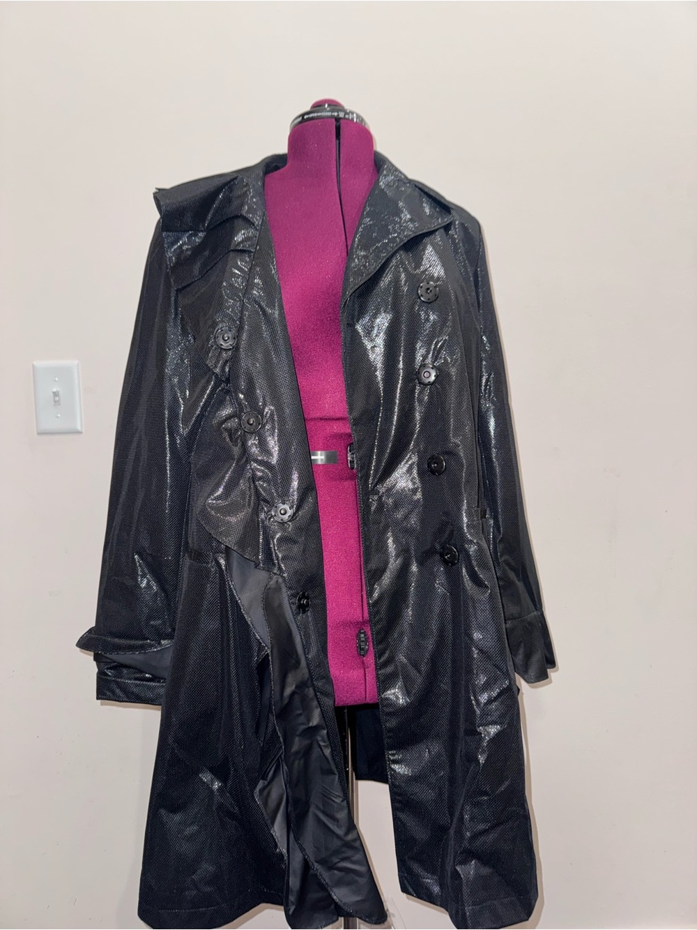 Jane Post XL Black Glossy Ruffle Trench Coat Jacket Designer Avant Garde Chic